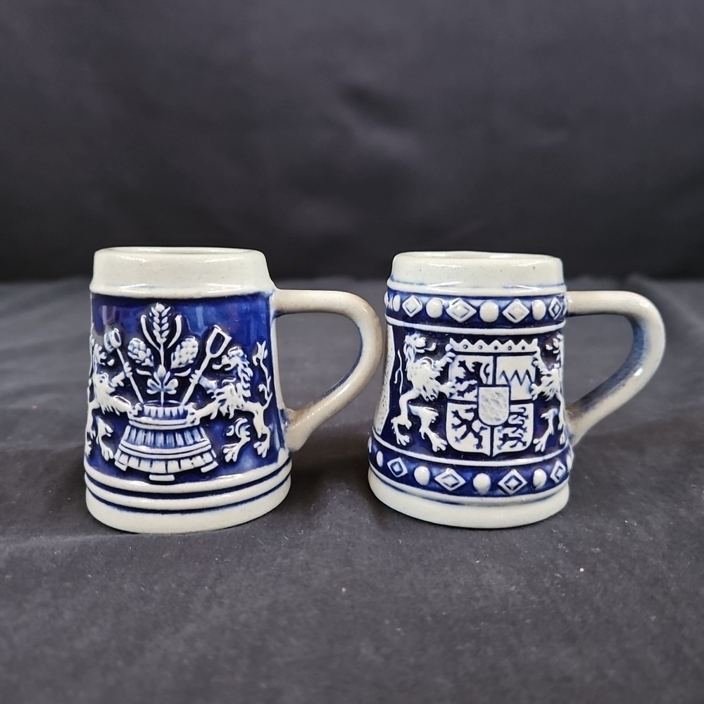 VTG German Miniature Beer Stein Mugs Crest 2" Set of 2